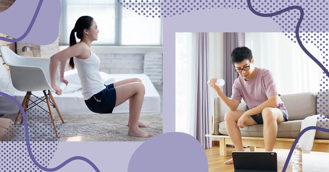 Woman and man exercising using household items
